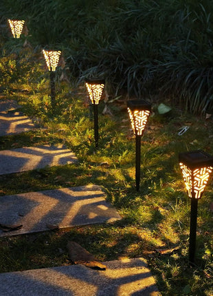 6 pcs Solar Flame Torch Light with Decorative Shadow Pattern, ABS Plastic Outdoor Stake Lamp,Warm Garden Path Light