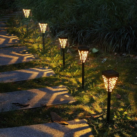 6 pcs Solar Flame Torch Light with Decorative Shadow Pattern, ABS Plastic Outdoor Stake Lamp,Warm Garden Path Light