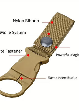 Water Bottle Holder Clip 13.5cm Nylon with Carabiner and Velcro Strap – Fits 27mm Bottles – Khaki/Black/Green