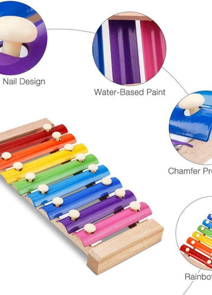 Wooden Xylophone Toy 24cm – 8-Note Rainbow Bars – Metal Keys + 2 Mallets – Multicolor