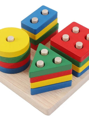 Montessori Wooden Shape Sorting Puzzle – 4-Stack Geometric Toddler Toy 12–36 Months – Water-Based Paint