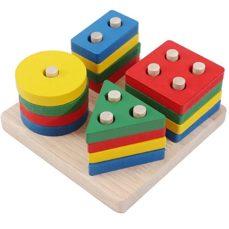 Montessori Wooden Shape Sorting Puzzle – 4-Stack Geometric Toddler Toy 12–36 Months – Water-Based Paint