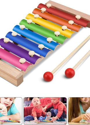 Wooden Xylophone Toy 24cm – 8-Note Rainbow Bars – Metal Keys + 2 Mallets – Multicolor