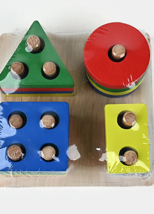 Montessori Wooden Shape Sorting Puzzle – 4-Stack Geometric Toddler Toy 12–36 Months – Water-Based Paint
