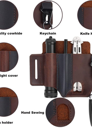 Leather Belt Organizer 13 × 18 cm – 3-Slot EDC Tool Pouch with Key Clip – Compact Carry Sheath