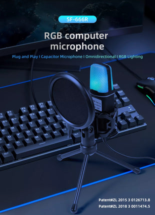 USB Condenser Microphone – 5V Plug & Play – Omnidirectional – Carbon Steel Gooseneck – RGB Lighting – Black