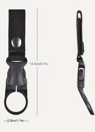 Water Bottle Holder Clip 13.5cm Nylon with Carabiner and Velcro Strap – Fits 27mm Bottles – Khaki/Black/Green