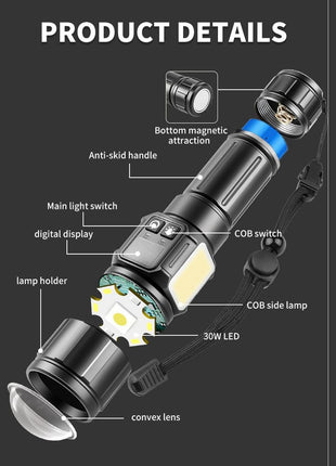 LED Flashlight 3500m Range – 9 Light Modes + Zoom – 3000 mAh Rechargeable Battery – Power Bank – Magnetic Base – Black