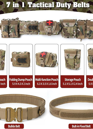 7-in-1 Tactical Battle Belt 1000D Nylon with Quick Release Buckle, Heavy Duty MOLLE Utility Belt for Police Military Outdoor
