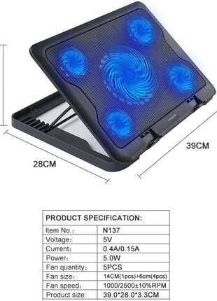Laptop Cooling Pad 5-Fan Adjustable Height Mesh Surface – USB Powered Quiet Cooler Black