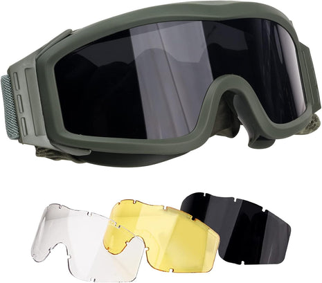 Sport Safety Goggles Kit – 1 Frame + 3 Polycarbonate Lenses (Grey/Yellow/Clear) – TPU Frame – Colour Choice Green/Black/Khaki