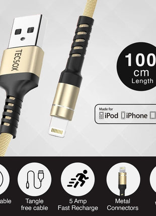 USB-A to Lightning Fast Charging & Data Sync Cable 30 cm Braided Nylon - Gold