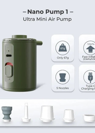 Nano Air Pump 180L/min High-Pressure Inflator – Compact USB-C Rechargeable with 5 Nozzles