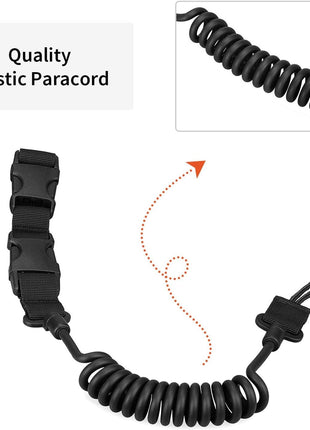 Tactical Coiled Lanyard Cable Keychain – 150 cm Stretchable Elastic Cord with Buckle – MOLLE Compatible Outdoor Gear Holder – Black