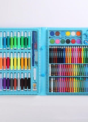Portable 150-piece art kit with markers, crayons, pastels, paints, and tools in a durable ABS carry case. For ages 6+, available in blue or pink.