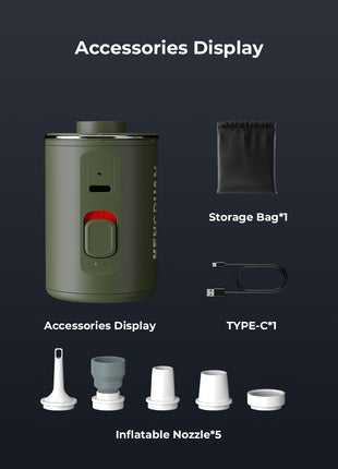 Nano Air Pump 180L/min High-Pressure Inflator – Compact USB-C Rechargeable with 5 Nozzles