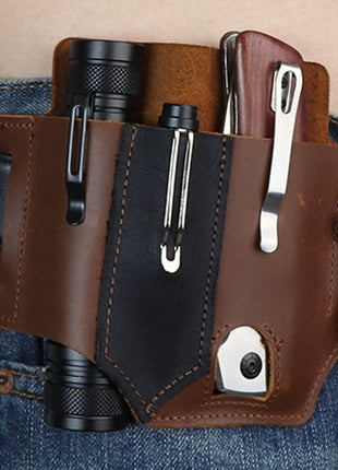 Leather Belt Organizer 13 × 18 cm – 3-Slot EDC Tool Pouch with Key Clip – Compact Carry Sheath