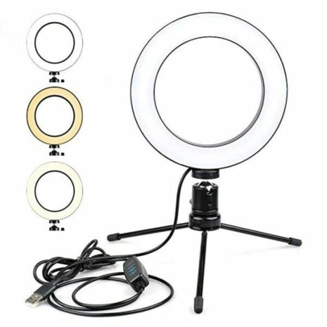 LED Ring Light 20cm with Tripod – Dimmable USB Fill Light with 3 Color Modes – Compact Desk Setup – Black