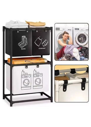 4-Compartment Laundry Sorter 20L Fabric – Vertical Space-Saving Hamper with Foldable Bins &amp; Moisture-Resistant Frame – Black