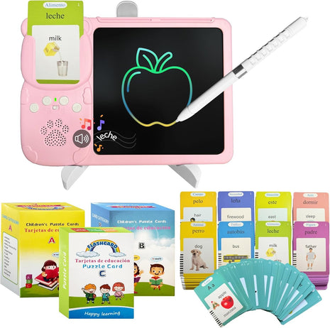 Children's LCD Handwriting Board + 112 Flash Cards – ABS Learning Tablet with Talking Reader – Drawing Toy for Kids 3–7 Pink