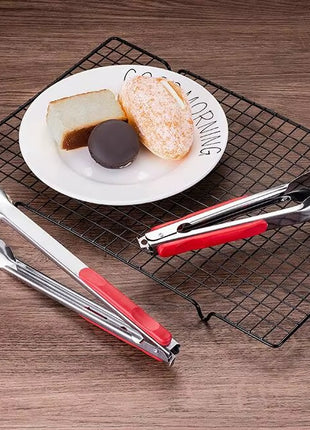 Grill Tongs Stainless Steel 30/35 cm – Heat-Resistant ABS Handle – Lockable Red Grip