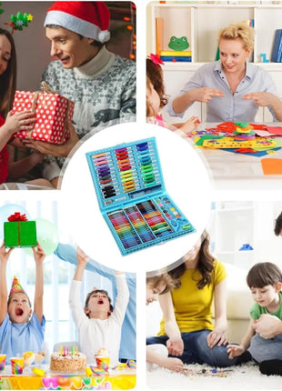 Portable 150-piece art kit with markers, crayons, pastels, paints, and tools in a durable ABS carry case. For ages 6+, available in blue or pink.