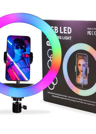 RGB LED Ring Light 26cm – Stepless Dimming with 360° Phone Mount – USB Powered