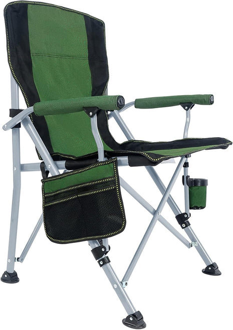 Camping Chair 150kg Capacity – High Back Mesh & Oxford – Green or Grey with Armrest & Cup Holder