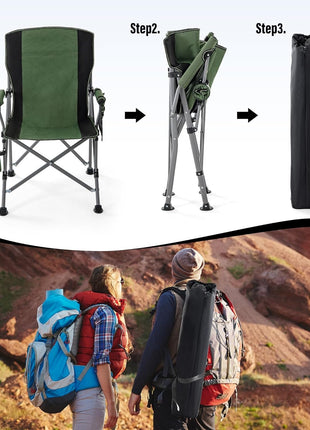 Camping Chair 150kg Capacity – High Back Mesh & Oxford – Green or Grey with Armrest & Cup Holder