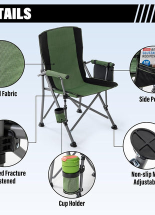 Camping Chair 150kg Capacity – High Back Mesh & Oxford – Green or Grey with Armrest & Cup Holder