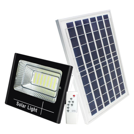 Solar Flood Light 100W Outdoor – 20W Polycrystalline Panel + IP65 Housing – Remote Controlled LED with Light Sensor – 120° Beam – Die-Cast Aluminium
