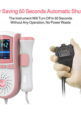 Fetal Doppler with Digital Screen, Independent Probe, Speaker, Pink White ABS Plastic, 2 AA Battery Powered