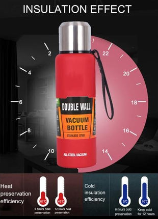 Stainless Steel Red Insulated Vacuum Bottle Double Wall Thermal Flask for Hot and Cold Drinks