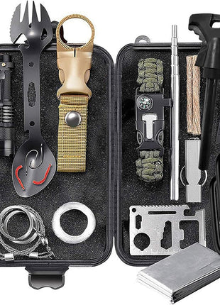 15-in-1 Survival Kit – Outdoor Emergency Gear with Flashlight, Fire Starter, Wire Saw, Whistle & Compass