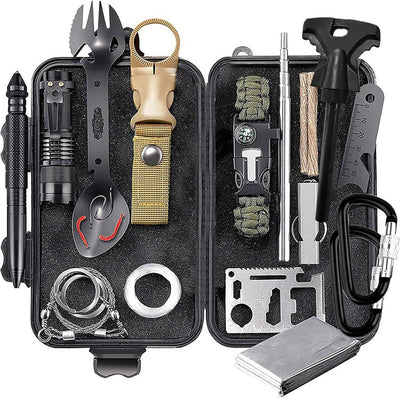 15-in-1 Survival Kit – Outdoor Emergency Gear with Flashlight, Fire Starter, Wire Saw, Whistle & Compass