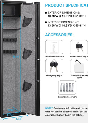 Rifle Gun Safe 57 Inch – Biometric Steel Cabinet for 5–6 Rifles & 3 Pistols – LED, Dual Alarm, Shelf, Wall/Floor Mount