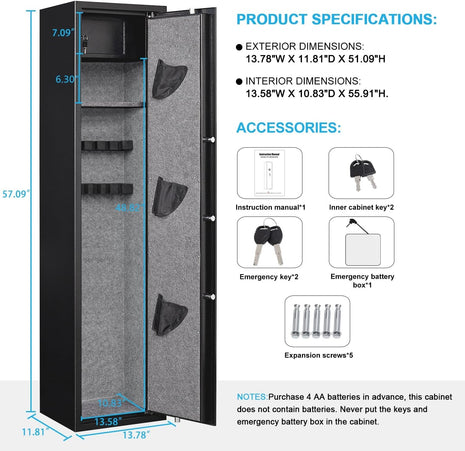 Rifle Gun Safe 57 Inch – Biometric Steel Cabinet for 5–6 Rifles & 3 Pistols – LED, Dual Alarm, Shelf, Wall/Floor Mount