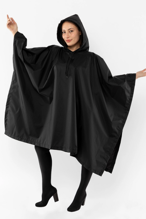 Hooded Cape Raincoat Waterproof Reusable Black Poncho Lightweight Outdoor Rain Protection for Hiking Camping Travel Commuting