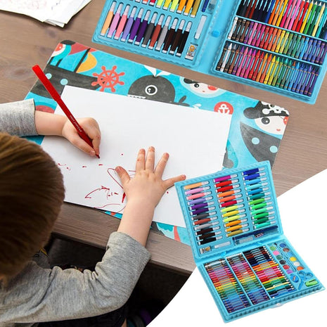 150-piece art kit with markers, crayons, pastels, paints, and tools in a durable ABS carry case. For ages 6+ Blue