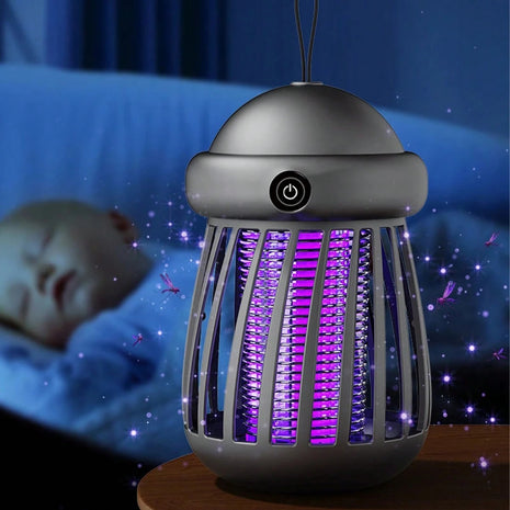 Electric Mosquito Zapper Lamp 1200mAh – UV Trap + 3000V Shock – USB Rechargeable, Grey Portable Insect Light