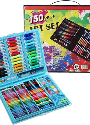 Portable 150-piece art kit with markers, crayons, pastels, paints, and tools in a durable ABS carry case. For ages 6+, available in blue or pink.