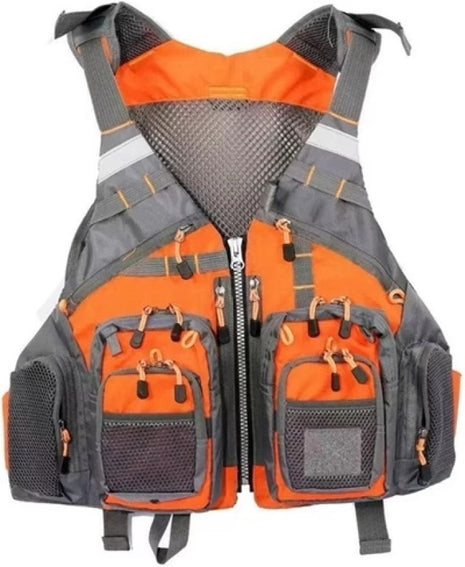 Utility Fishing Vest Large – Polyester Quick-Dry Mesh – 13 Pockets Adjustable – Orange & Grey Two-Tone