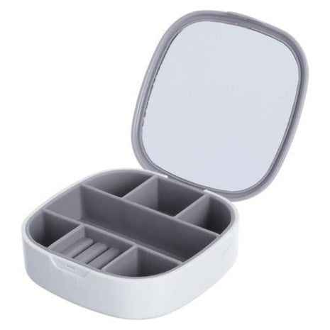 Portable Jewellery Organizer – 7-Compartment Plastic Storage Box with Mirror – Grey or Pink