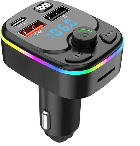 Car MP3 Player FM Transmitter with Bluetooth 5.0, USB-C PD 20W, Rainbow LED