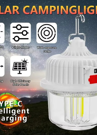 120W Multifunctional Solar Bulb Light USB-C Rechargeable with Dual 18650 Batteries & Hanging Hook