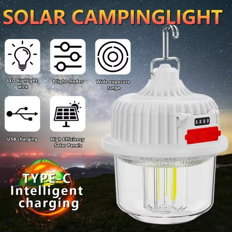 120W Multifunctional Solar Bulb Light USB-C Rechargeable with Dual 18650 Batteries & Hanging Hook