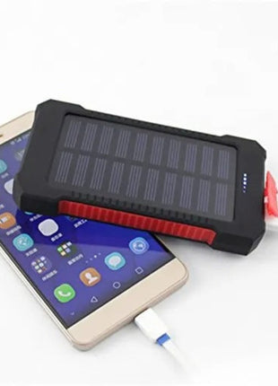 Solar Power Bank 10000mAh – Dual USB Output + LED Flashlight – Waterproof Outdoor Charger Red