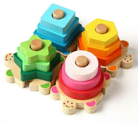 Wooden Turtle Stacking Toy Set – 4 Base Puzzle with 12 Geometric Shapes – Montessori Toddler Activity – Multicolo