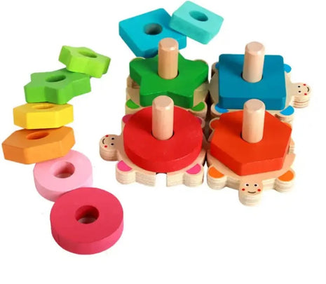 Wooden Turtle Stacking Toy Set – 4 Base Puzzle with 12 Geometric Shapes – Montessori Toddler Activity – Multicolo