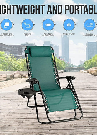 Outdoor Folding Reclining Lounge Chair 110×68×65 cm – Steel/Textilene – Adjustable Headrest & Cup‑Holder Tray – Multiple Colours